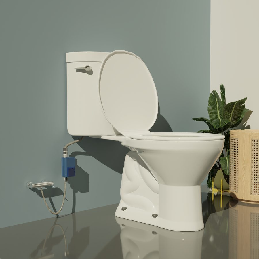 A LeakLogik smart valve installed inline on the supply line of a standard toilet.