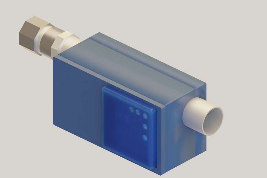 The LeakLogik smart valve: a compact housing with a supply fitting at each end.
